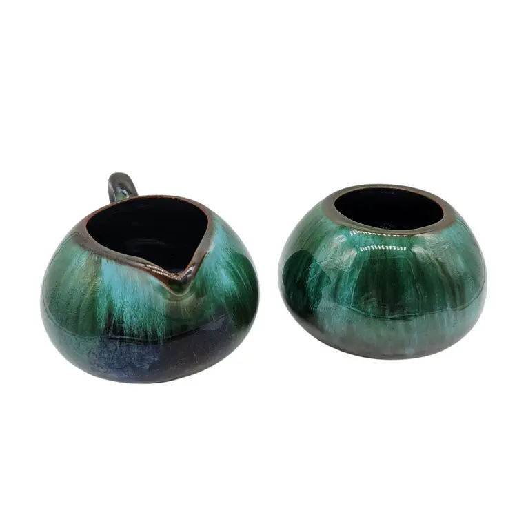 Blue Mountain Pottery Green Drip Glaze Creamer Open Sugar Bowl Set Canada READ