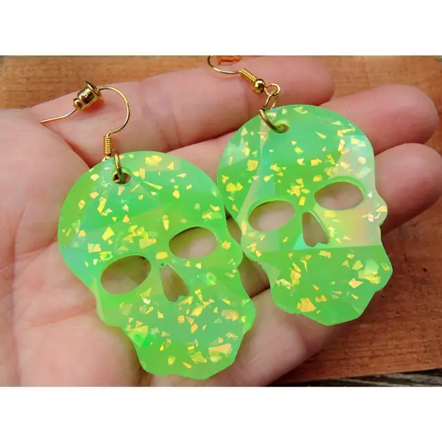 Green Skull Holographic Earrings. Fluorescent under UV/Blacklight & Glows-in-the-dark.