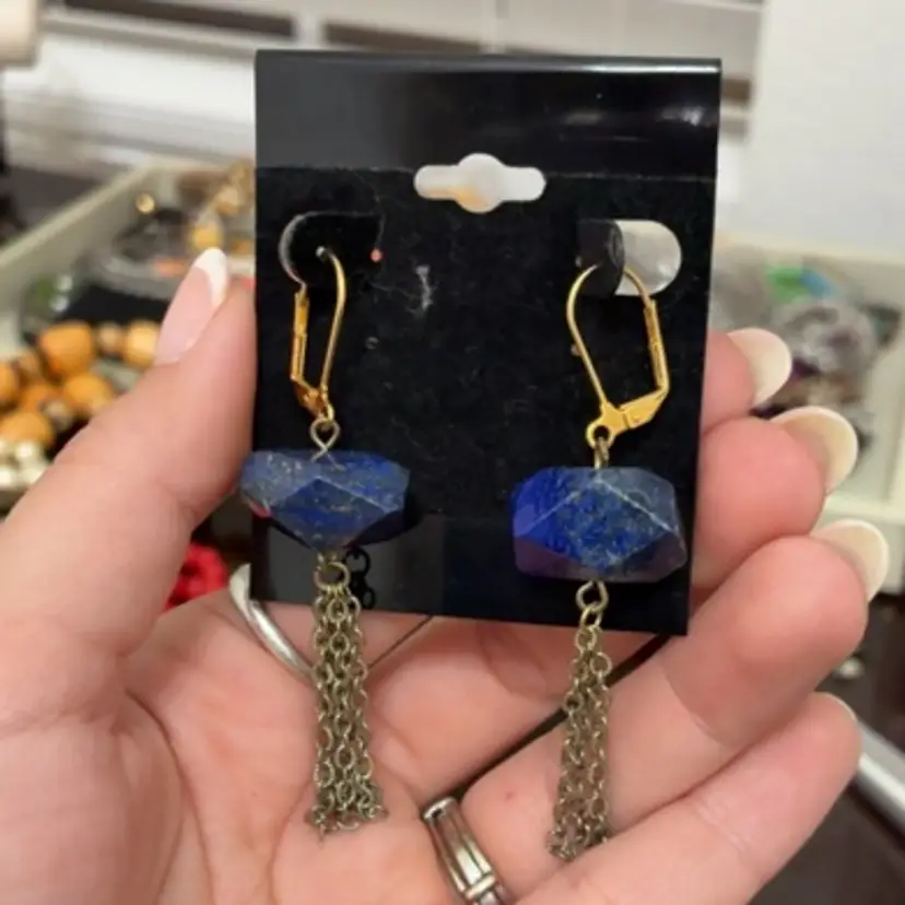 Lapis Gold Tone Pierced Dangle Earrings