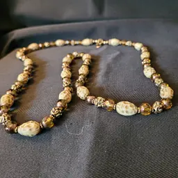 Handmade Czech Republic Glass Beaded Leopard Print & Amber Necklace 32 in