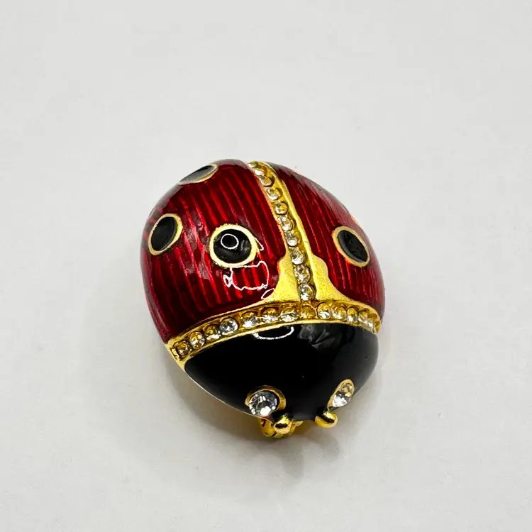 Vintage Jeweled Ladybug Brooch Pin, Red Black Enamel with Rhinestones, Stamped by Multilana, Made in New York