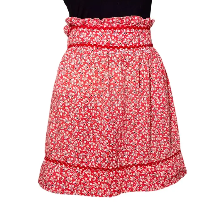 Vintage 1970s Handmade Red Folk Floral Half-Apron w/ Ruffles & Rick Rack 75"