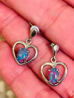 925 Sterling Silver  Inlaid Blue Fire Opal Love Heart Dangle Earrings