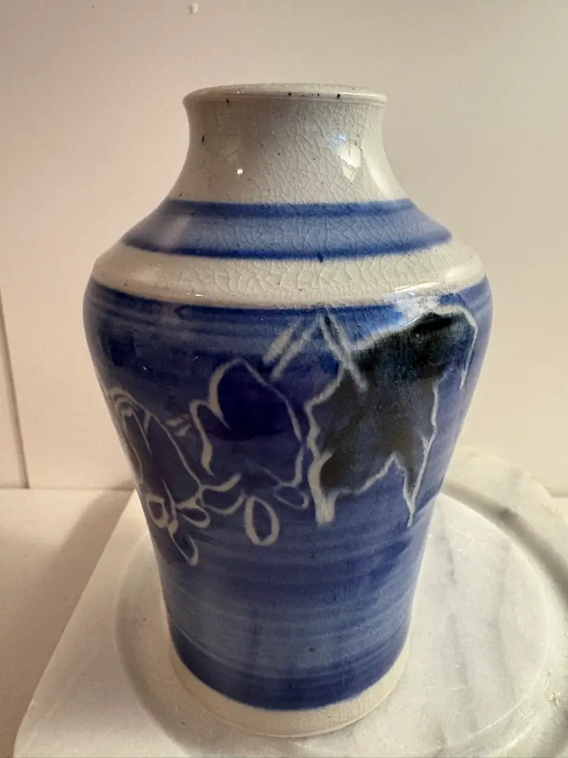 Art Pottery Vase Glazed Blue & Pale Gray 6.5” Tall Floral Leaf Designs