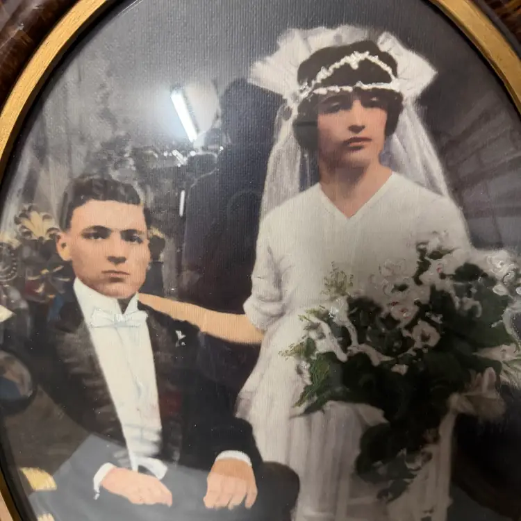 Vintage Frame W Convex Glass Hand Colored Wedding Couple Photograph 22.5”