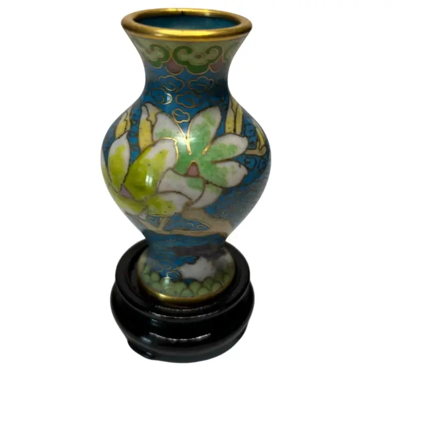 Vintage 3” Mini Cloisonné Floral Vase With Wooden Stand