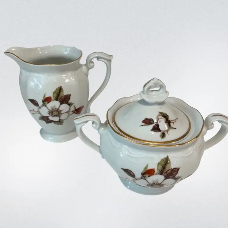 Chodzież Porcelain Sugar & Creamer Set – Poland – Floral Gold Trim - Large- Cream=5” Tall, 5.75 Wide- Sugar=5” Tall, 7” Wide