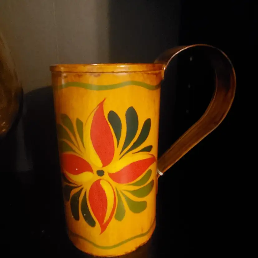 Vintage Folk Art Floral Hand-Painted Toleware Stein Mug Cup