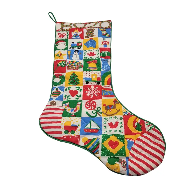 Vintage Handmade Bozo Christmas Stocking With Patchwork RickRack Holiday Designs