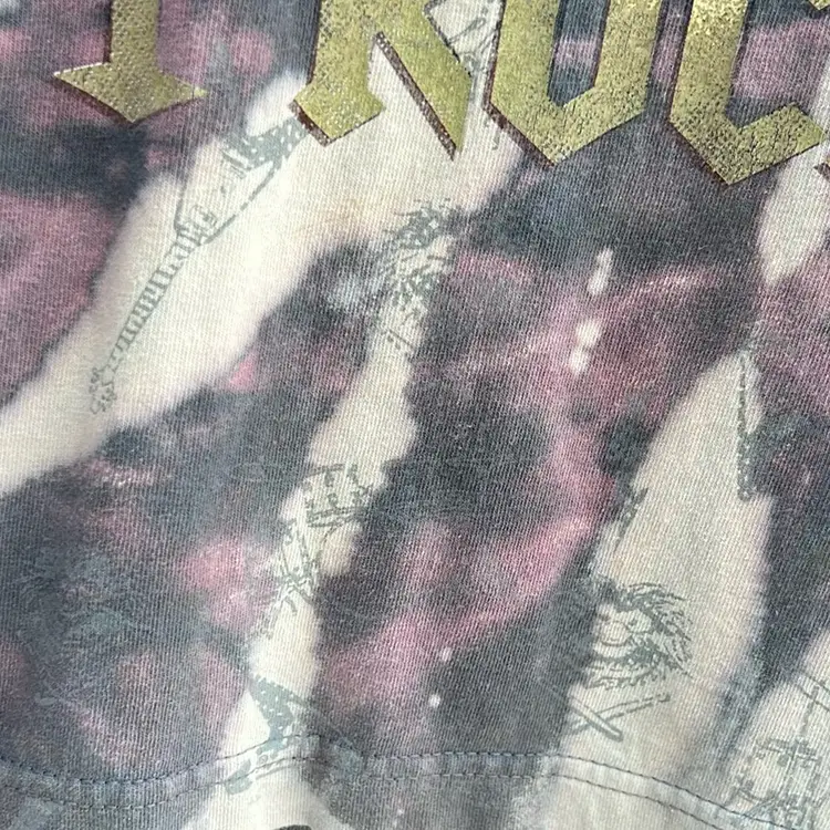 Sesame Street Animal, I Rock, Drum Set. Purple And White Tie-Dye Shirt With Animal, Guitar And Drum Set Imprinted Throughout The Tee. 