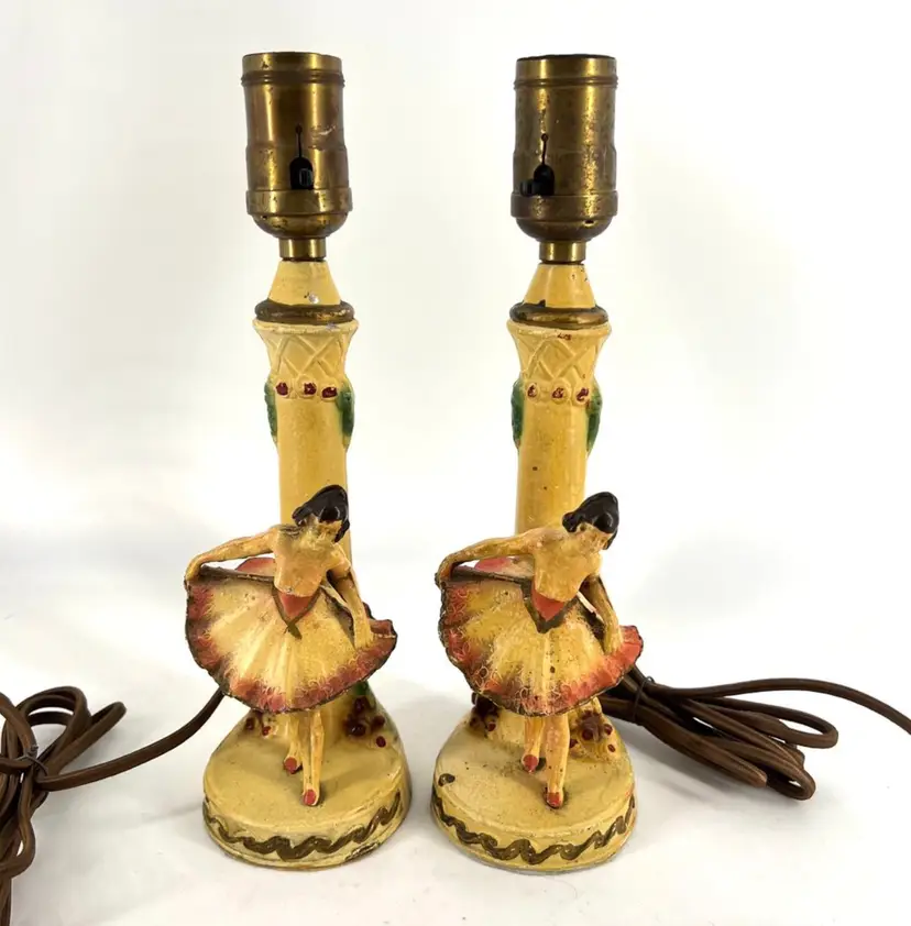 Set 2 Vintage Metal Painted Ballerina Dancer Boudoir Lamps