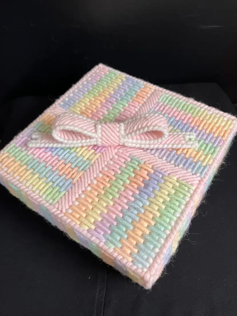 #01 Plastic Canvas w/ Neatly Woven Basket Weave Pattern in Multi Color Pastel Colored Yarn-Trinket Box, Also has a Cross within that could be used as a Brooch.