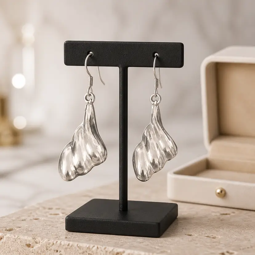 Sterling Silver Earrings with Unique Rippled Abstract Design, 1.5"