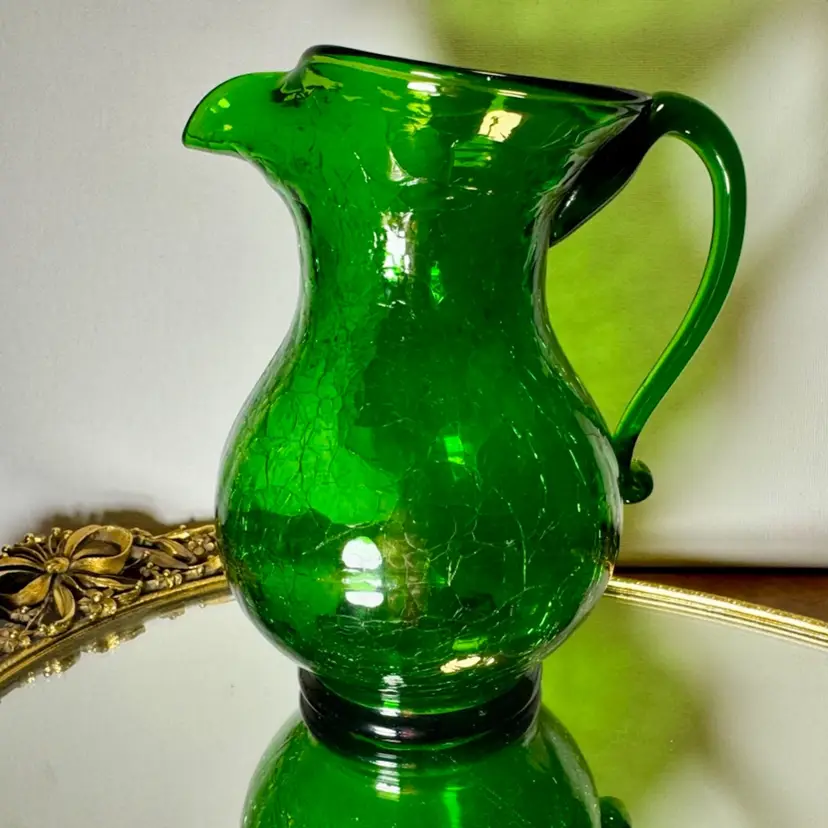 Vintage 6” tall Mid Century Green Crackle Glass Pitcher