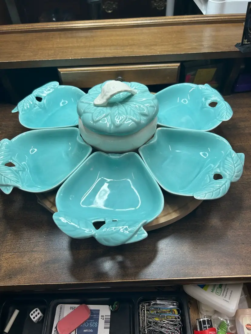 Vintage Hoenig of California Turquoise & White Apple Dip Set 1960’s Lazy Susan Set