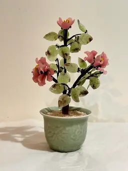 MCM Chinese Bonsai Tree Cherry Blossom Pink W Navy Blue Silk Thread Celadon Pot