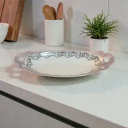 Antique RS Germany Porcelain Snack Plate Upturned Edge Leaf Print Purple Iridescent Edge 8.25”x3.5”