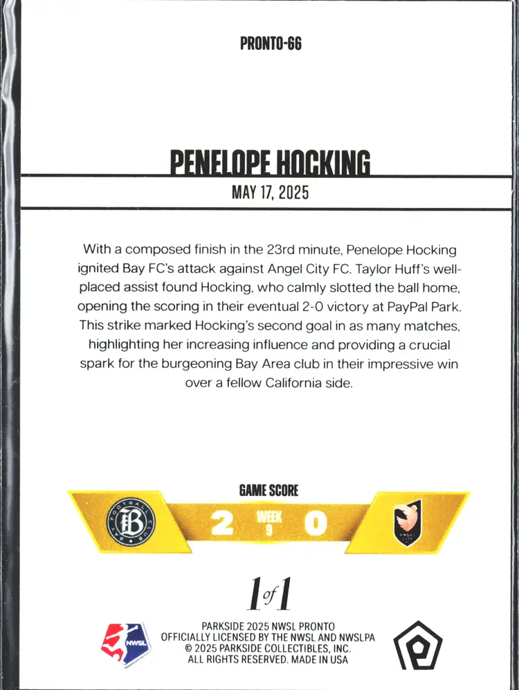 Penelope Hocking GOLD 1/1 2025 Parkside Pronto Soccer Card Bay FC