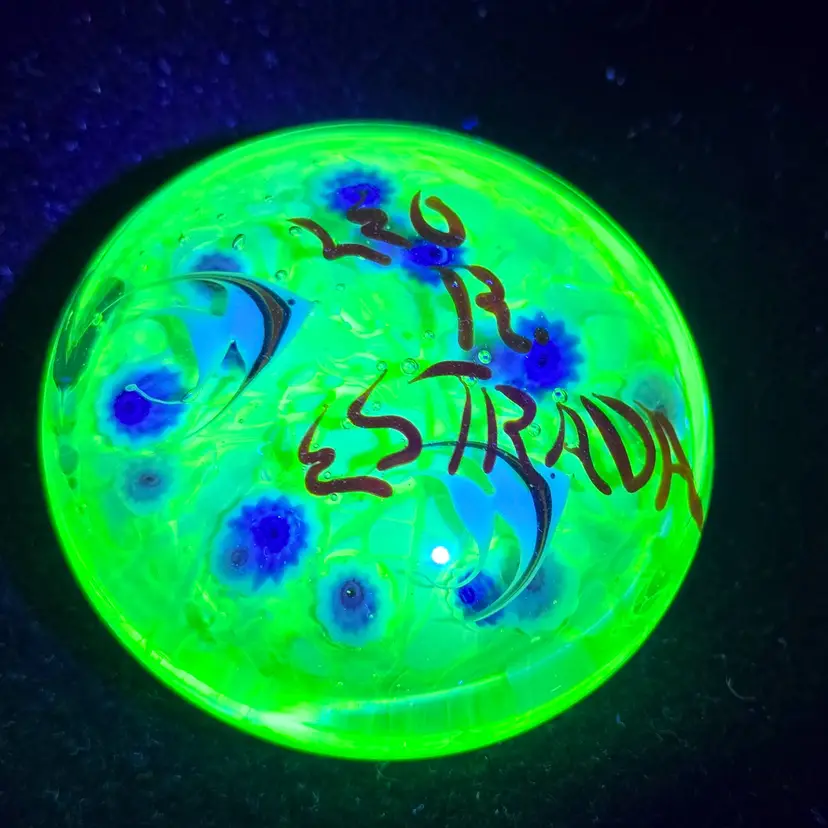 Rare 1990 Lundberg Daniel Salazar Millefiori Angel Fish UV Reactive Glass Paperweight 1 inch '2.5 round