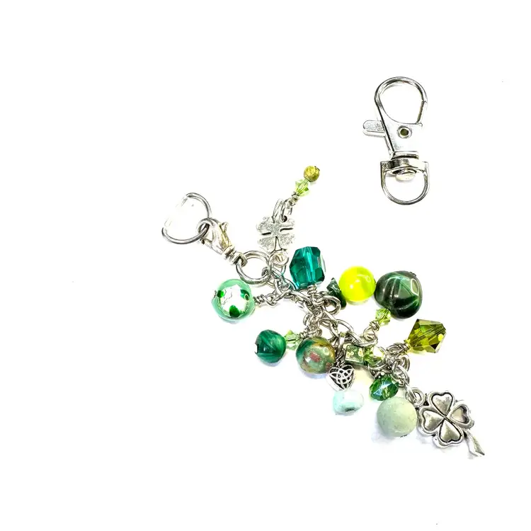 Four Leaf Clover Charms Shades Of Green Beaded Phone Or Purse Charm Repurposed Jewelry Made By Me 3”