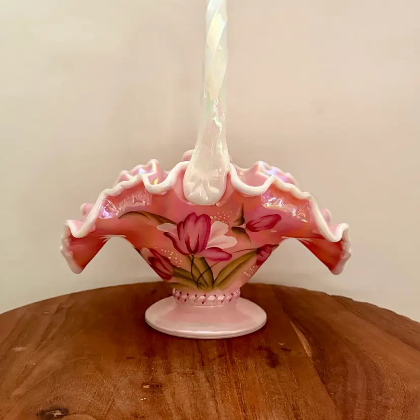 Fenton Hand Painted Pink Rosalene Iridescent Glass Basket