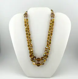 Repaired Vintage Topaz Faceted Glass Beaded Double Strand Necklace 14”