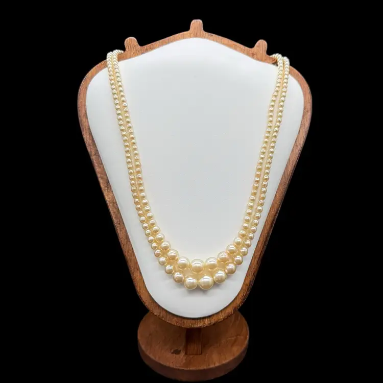 Vtg Double Strand Graduated Faux Pearl Necklace Fancy Box Clasp 21” Cottagecore