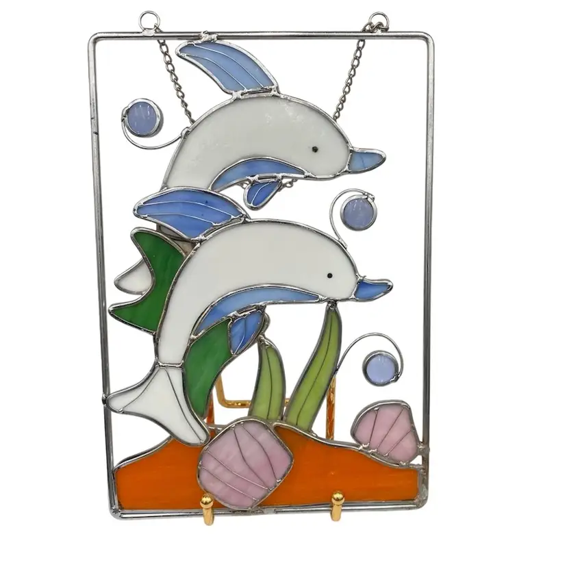 Colorful Dolphins Stained Glass Sun Catcher, 7" x 10.5", w/hanging chain