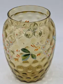Vtg Mosser Amber Thumbprint Glass Vase - Hand Painted Floral Enamel
