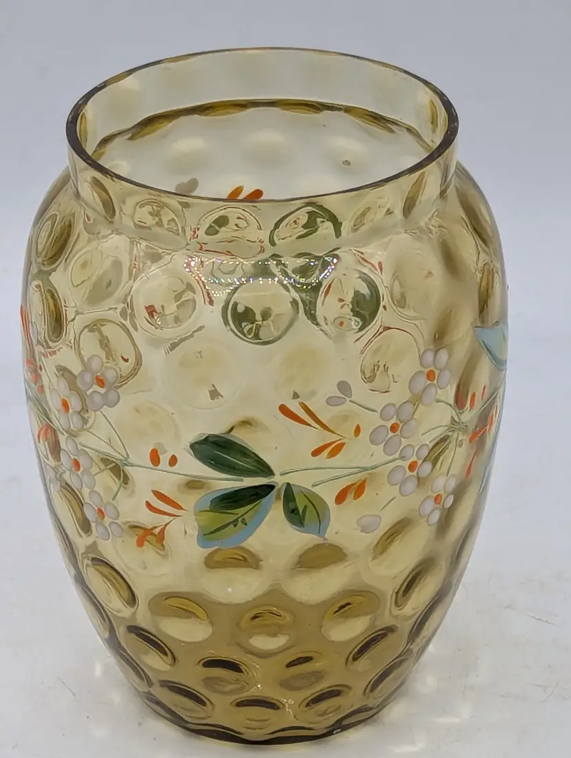 Vtg Mosser Amber Thumbprint Glass Vase - Hand Painted Floral Enamel