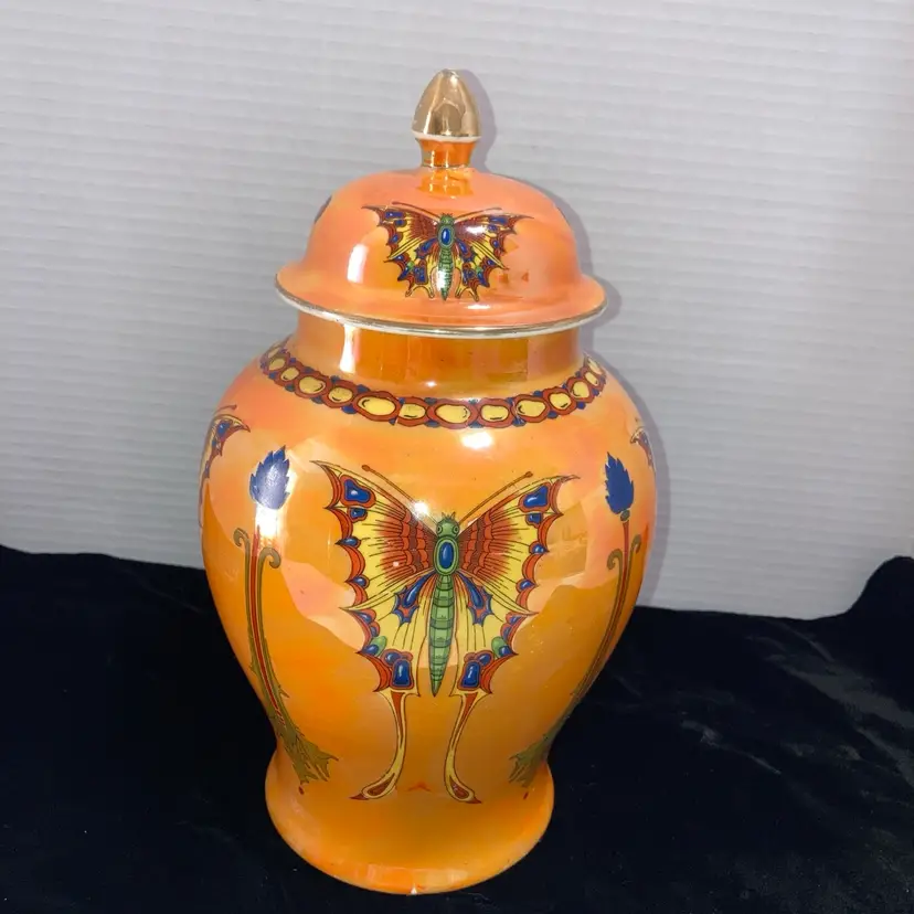 Crown Ducal Ware England Vibrant Iridescent Glaze Butterfly Lidded Vase Jar 11’’