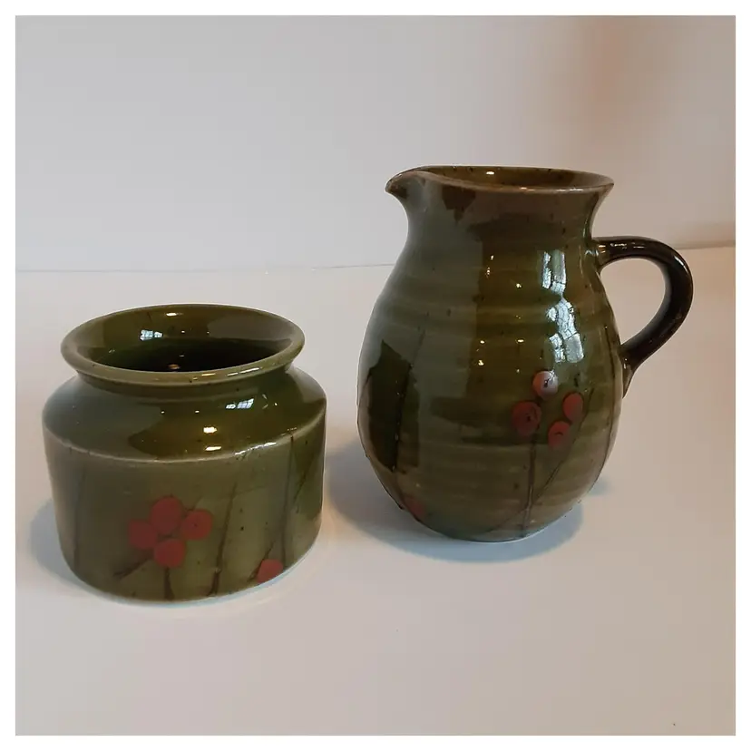 Dark Olive Green Pottery Creamer and Open Sugar