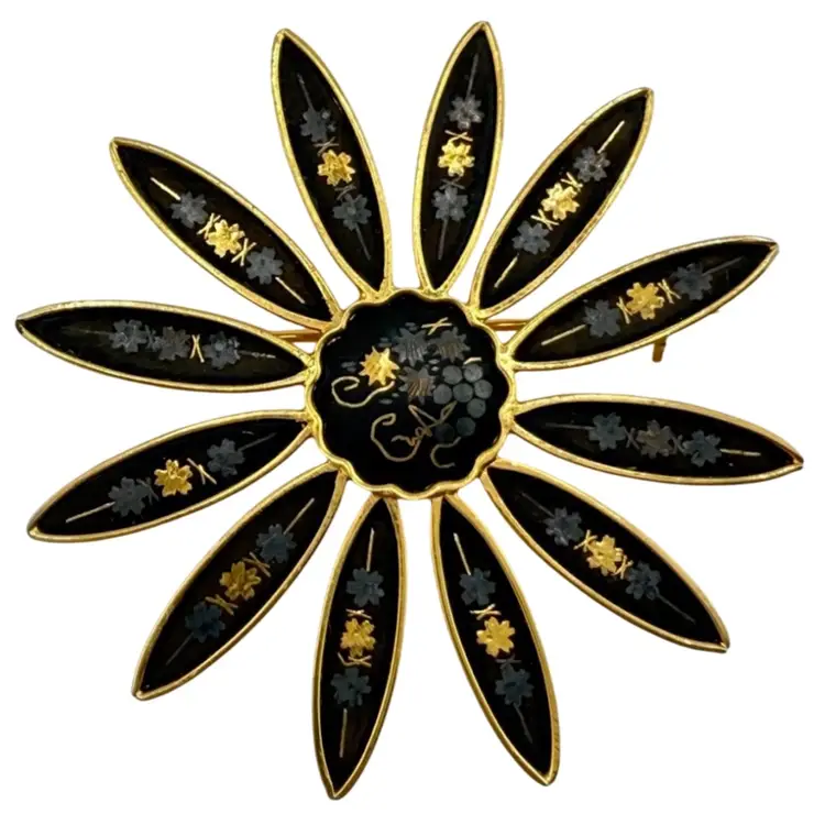 Flower Daisy Gold Tone Japanese Damascene "Shakudo" Brooch  2"