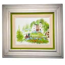 Vintage Framed Impressionist Acrylic Painting Romantic Floral Garden Cottage Scene Avocado Green 15.5x17.5"