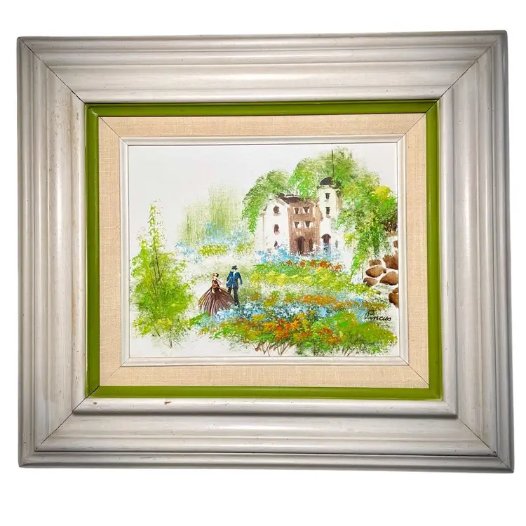 Vintage Framed Impressionist Acrylic Painting Romantic Floral Garden Cottage Scene Avocado Green 15.5x17.5"