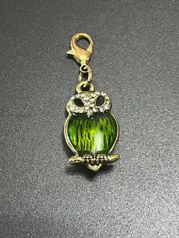 Green Enamel Owl Rhinestone Charm