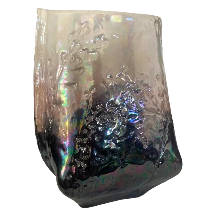 Irridescent Ceramic Vase w/ Stamped Fern Leaf Logo, 4.5" Tall