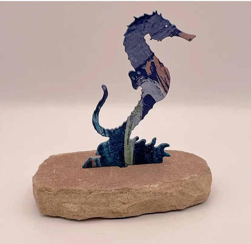 Seahorse, Stone Base, Metal Table Top Decor, Blue/Green/Pink Ocean Life, Sea