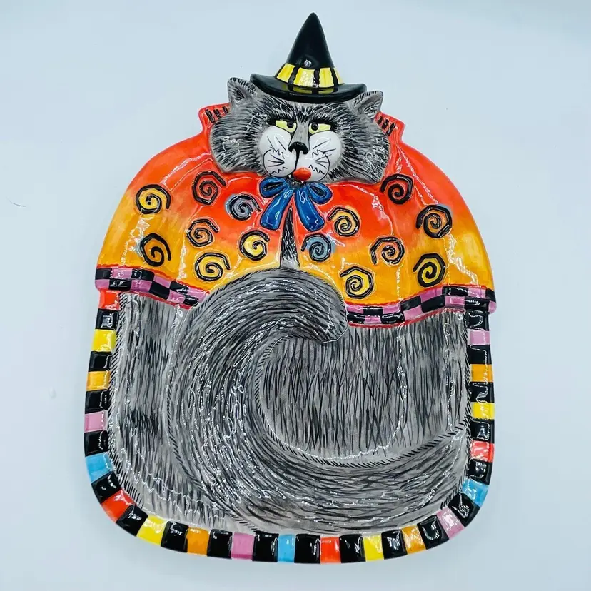 Fitz & Floyd Kitty Witches Canape Platter Cat in Witches Hat Swirl Pattern NEW