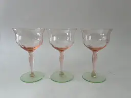 Tiffin Watermelon Glassware. (3) Etched Depression Uranium Glass Pink & Green Sherbet Cocktail Glasses. Glows
