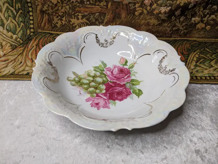 Victorian Porcelain Bowl Serving  Large Roses Hand Painted Scalloped Edge Dinning Table Whiteware  Cottage French Country Castlecore