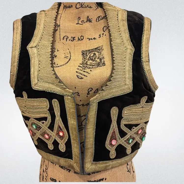 Rare 1960s Black Velvet Metallic Gold Embroidered Mirror Detail