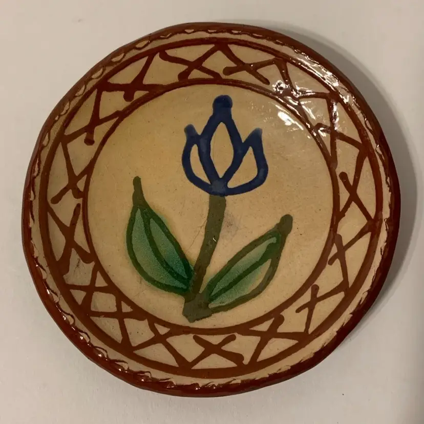VTG Steve Nutt Pottery Slip Decorated Redware Folk Art Tulip Dish 