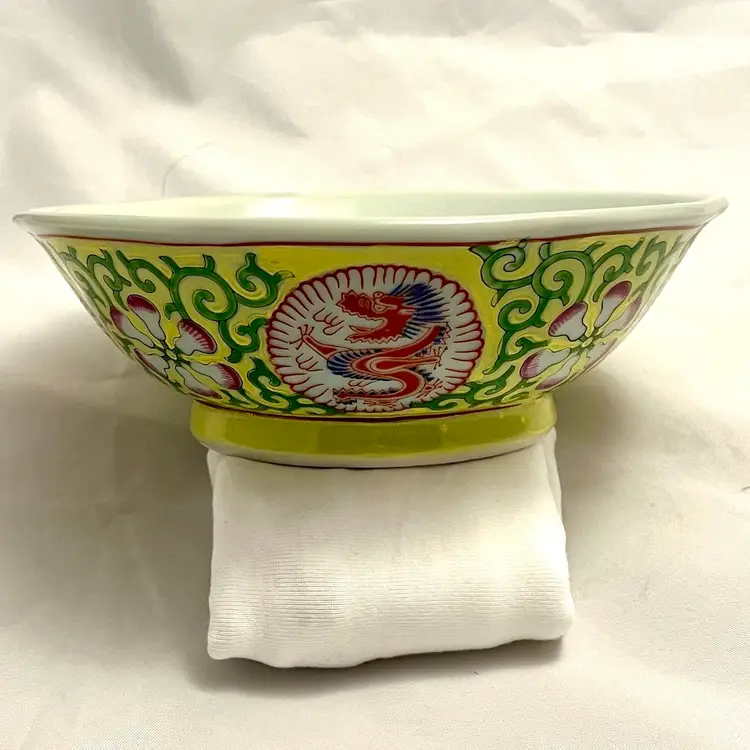 Chinese Dragon &Floral Design Bowl, Yellow & Pink, Marked on bottom, VTG EUC