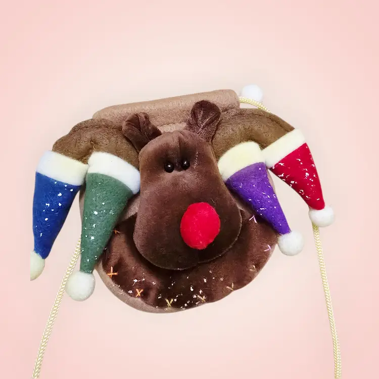 Vintage Christmas Moose Draw-String Candy/Gift Polyester Cloth Bag 7 x 5"