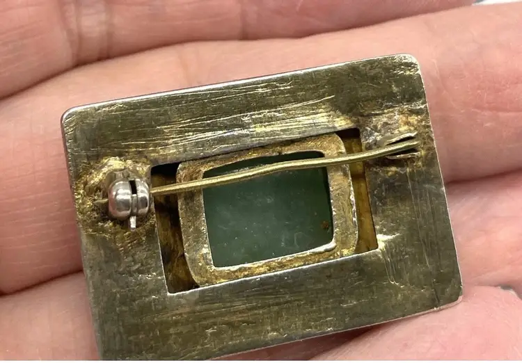 Sterling Silver Granulated Green Stone Brooch