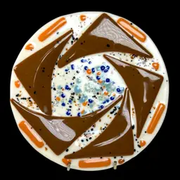 7-3/4” Fused Glass Decorative Plate - Brown, Orange, & Blues Pieces On White. Great For Candle Holder !