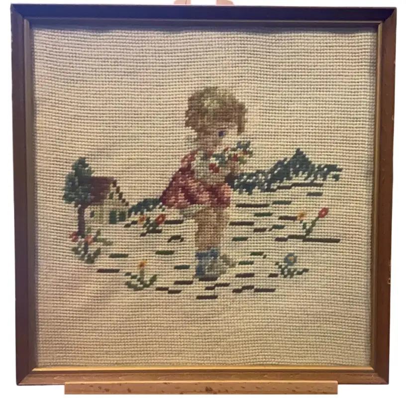 Vintage Little Girl Picking Flowers Needlepoint in Wood Frame 12x12