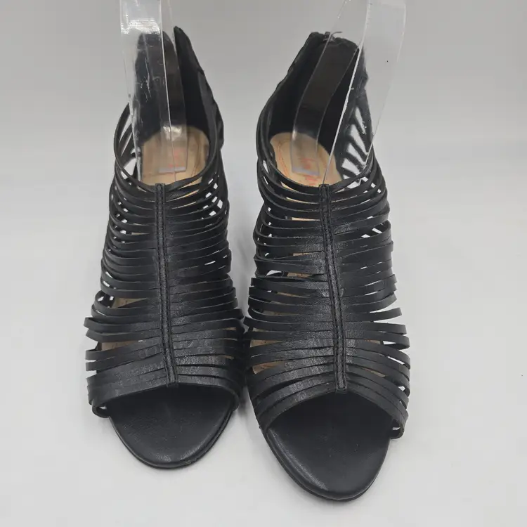 LEVITY Peep-toe Caged Black Leather Strappy Heels Size 9.5 Cone Heel Sexy