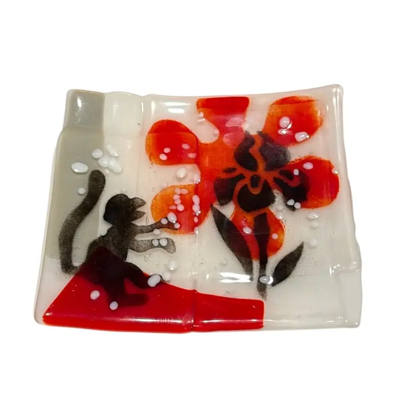 01 - Siebenlist Glas Germany OOAK - Handmade Fused Glass Plate “The Monkey, The Sun, The Iris” 7.25” X 7” ISLA’S PICK OF SHOW!
